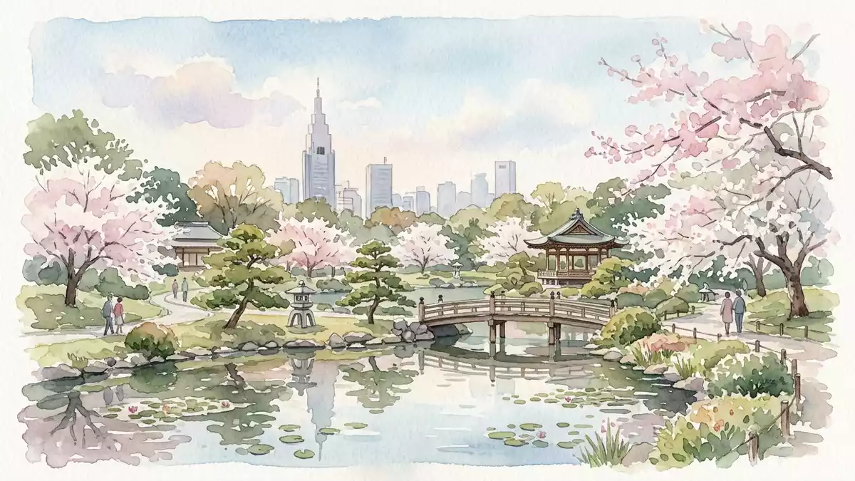 Aquarell-Illustration von Shinjuku Gyoen in Tokio, Japan als Reiseposter