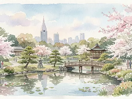 Aquarellillustration des Wahrzeichens Shinjuku Gyoen in Tokio Japan, weiche Farbverläufe und pastelliges Reiseposter-Feeling - Foto: THN