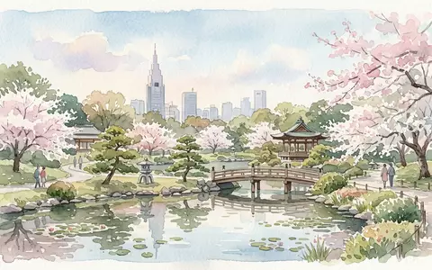 Aquarellillustration des Wahrzeichens Shinjuku Gyoen in Tokio Japan, weiche Farbverläufe und pastelliges Reiseposter-Feeling - Foto: THN