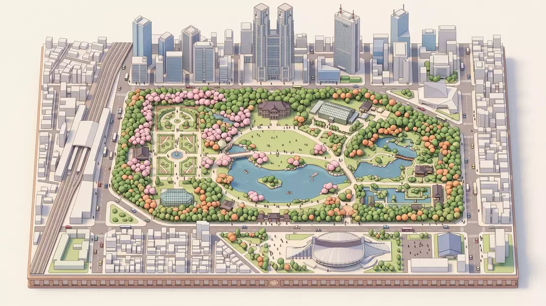 Isometrisches Diorama von Shinjuku Gyoen in Tokio, Japan in Pastell