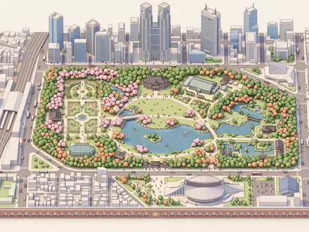 Isometrisches Diorama von Shinjuku Gyoen und Umgebung in Tokio Japan, verspielte Low-Poly-Kulisse in Pastellfarben - Foto: THN