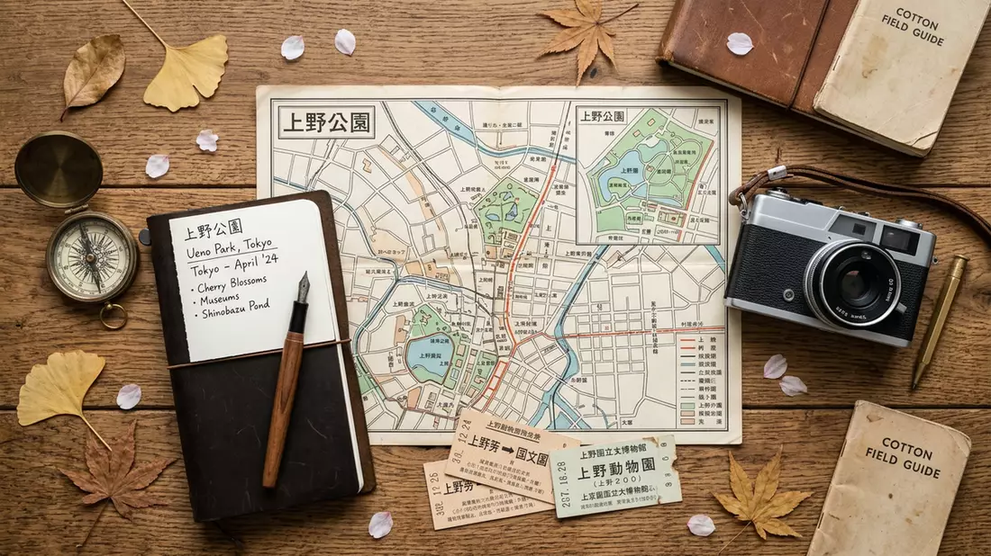 Flatlay-Reise-Arrangement rund um Ueno-Park Tokio in Tokio, Japan