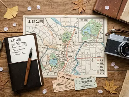 Flatlay-Reise-Arrangement rund um Ueno-Park Tokio in Tokio Japan, Karte Kompass Kamera und generische Reiserequisiten - Foto: THN