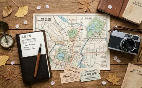 Flatlay-Reise-Arrangement rund um Ueno-Park Tokio in Tokio Japan, Karte Kompass Kamera und generische Reiserequisiten - Foto: THN
