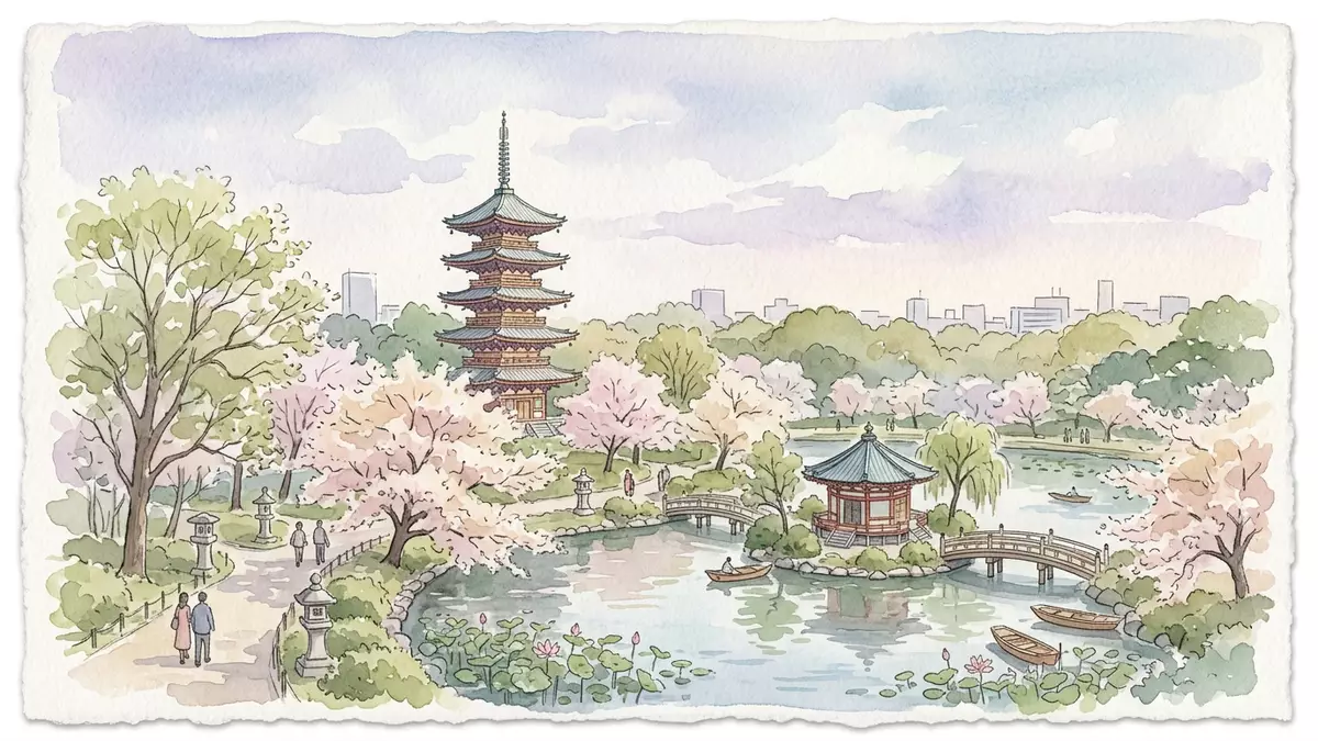 Aquarell-Illustration von Ueno-Park Tokio in Tokio, Japan als Reiseposter