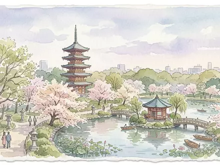 Aquarellillustration des Wahrzeichens Ueno-Park Tokio in Tokio Japan, weiche Farbverläufe und pastelliges Reiseposter-Feeling - Foto: THN