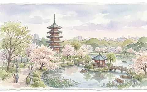 Aquarellillustration des Wahrzeichens Ueno-Park Tokio in Tokio Japan, weiche Farbverläufe und pastelliges Reiseposter-Feeling - Foto: THN
