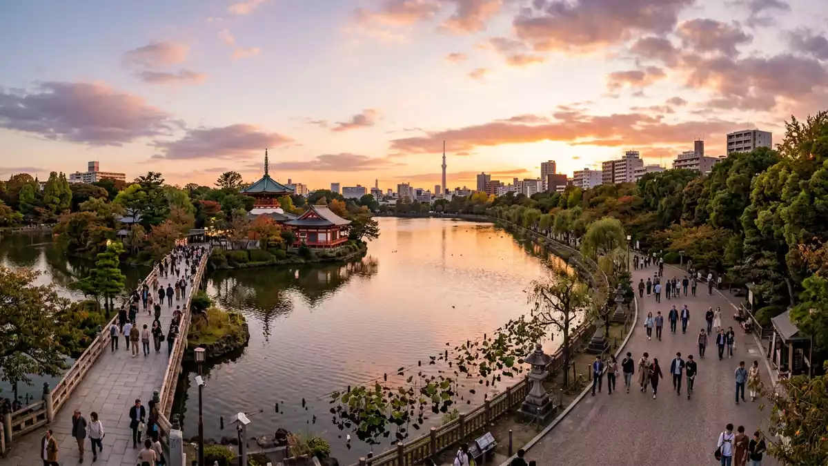 Fotorealistische Ansicht von Ueno-Park Tokio in Tokio, Japan im Abendlicht