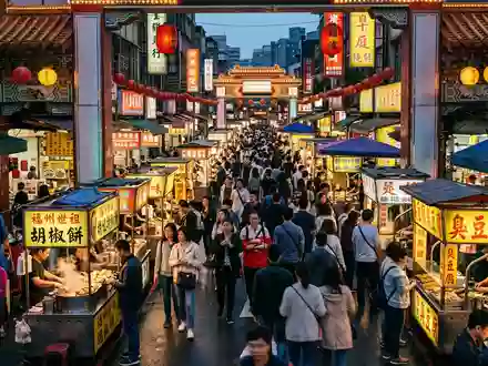 Editorialbild im Reisemagazin-Stil vom Wahrzeichen Raohe Night Market in Taipeh Taiwan, ausgewogene Bildgestaltung und natuerliches - Foto: THN