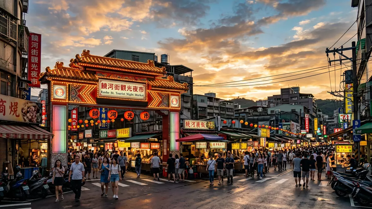 Fotorealistische Ansicht von Raohe Night Market in Taipeh, Taiwan im Abendlicht
