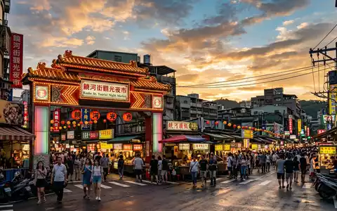 Fotorealistische Panoramaaufnahme von Raohe Night Market in Taipeh Taiwan, warmes Abendlicht auf Wahrzeichen - Foto: THN