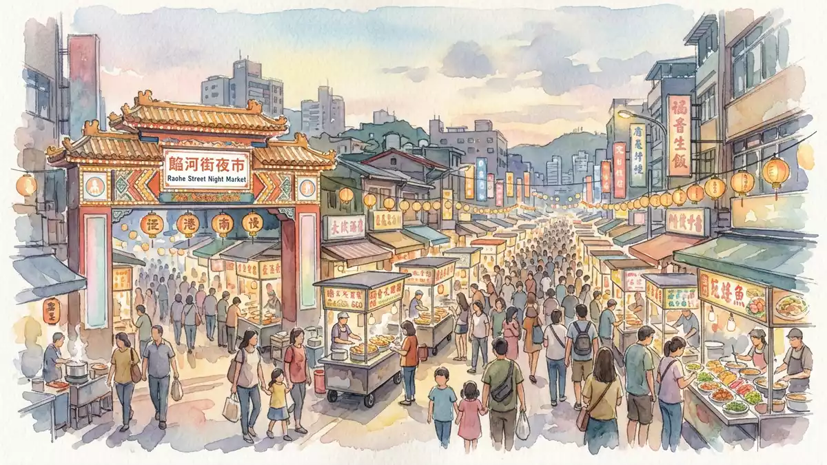 Aquarell-Illustration von Raohe Night Market in Taipeh, Taiwan als Reiseposter