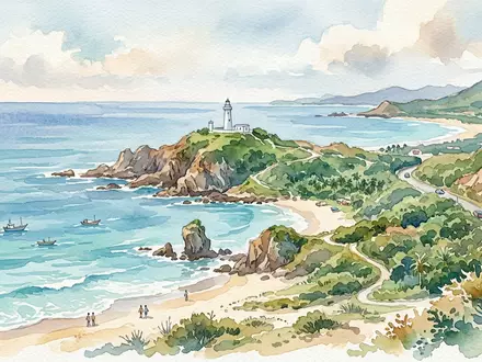 Aquarellillustration des Wahrzeichens Kenting-Nationalpark in Pingtung Taiwan, weiche Farbverläufe und pastelliges Reiseposter-Feeling - Foto: THN