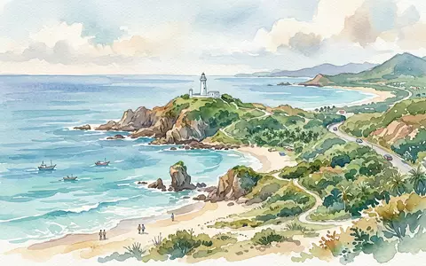 Aquarellillustration des Wahrzeichens Kenting-Nationalpark in Pingtung Taiwan, weiche Farbverläufe und pastelliges Reiseposter-Feeling - Foto: THN
