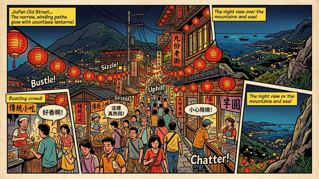 Pop-Art-Comic von Jiufen Old Street in Neu-Taipeh, Taiwan mit Rasterpunkten