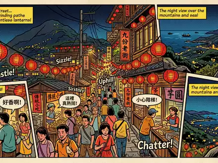 Pop-Art-Comicillustration des Wahrzeichens Jiufen Old Street in Neu-Taipeh Taiwan, kraeftige Konturen Rasterpunkte und satte Farben - Foto: THN