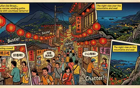 Pop-Art-Comicillustration des Wahrzeichens Jiufen Old Street in Neu-Taipeh Taiwan, kraeftige Konturen Rasterpunkte und satte Farben - Foto: THN