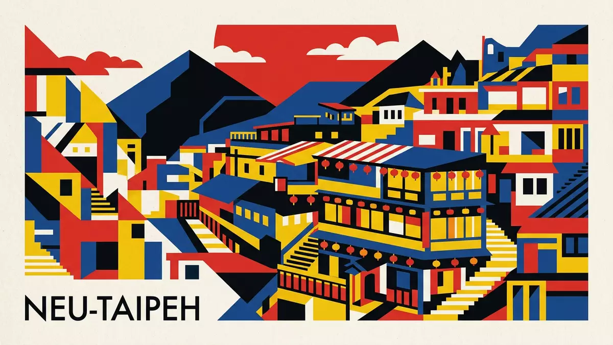 Bauhaus-Poster als Abstraktion von Jiufen Old Street in Neu-Taipeh, Taiwan