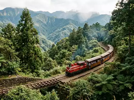 Editorialbild im Reisemagazin-Stil vom Wahrzeichen Alishan Forest Railway in Chiayi Taiwan, ausgewogene Bildgestaltung und natuerliches - Foto: THN