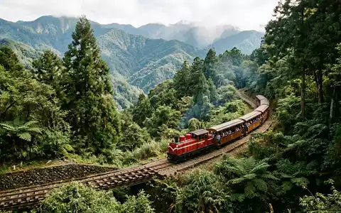 Editorialbild im Reisemagazin-Stil vom Wahrzeichen Alishan Forest Railway in Chiayi Taiwan, ausgewogene Bildgestaltung und natuerliches - Foto: THN