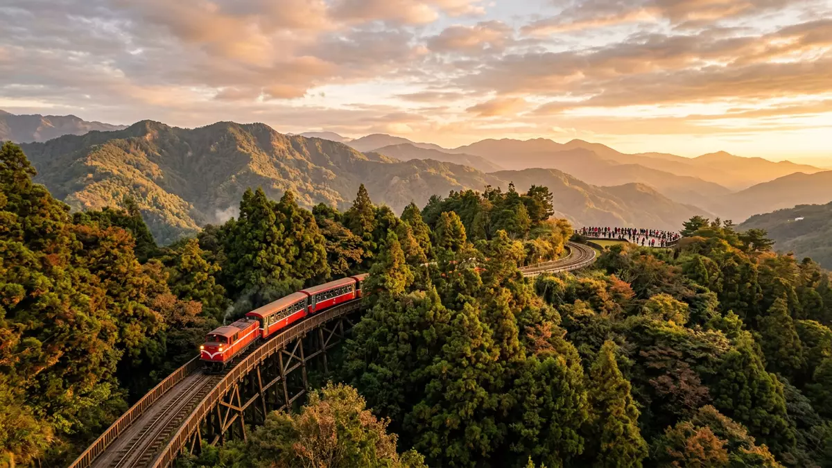 Fotorealistische Ansicht von Alishan Forest Railway in Chiayi, Taiwan im Abendlicht