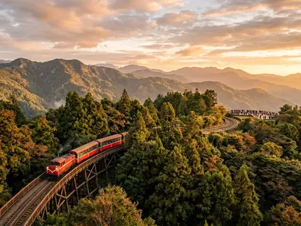 Fotorealistische Panoramaaufnahme von Alishan Forest Railway in Chiayi Taiwan, warmes Abendlicht auf Wahrzeichen - Foto: THN