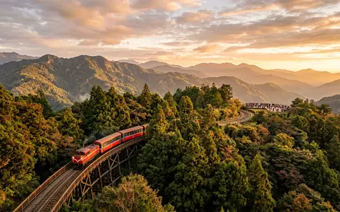 Fotorealistische Panoramaaufnahme von Alishan Forest Railway in Chiayi Taiwan, warmes Abendlicht auf Wahrzeichen - Foto: THN