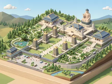 Isometrisches Diorama von Fo-Guang-Shan-Buddha-Museum und Umgebung in Kaohsiung Taiwan, verspielte Low-Poly-Kulisse in Pastellfarben - Foto: THN
