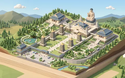 Isometrisches Diorama von Fo-Guang-Shan-Buddha-Museum und Umgebung in Kaohsiung Taiwan, verspielte Low-Poly-Kulisse in Pastellfarben - Foto: THN