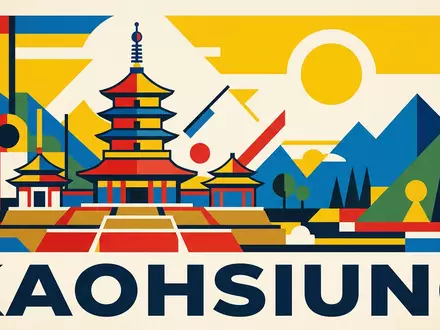 Bauhaus-Poster als geometrische Abstraktion von Fo-Guang-Shan-Buddha-Museum in Kaohsiung Taiwan, kraeftige Grundfarben und harte Formkanten - Foto: THN