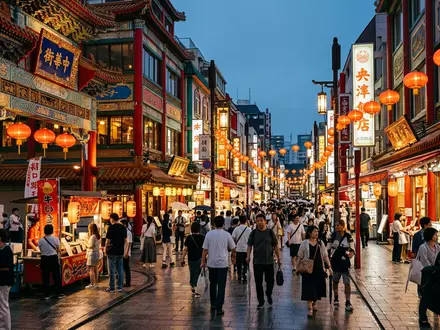 Editorialbild im Reisemagazin-Stil vom Wahrzeichen Chinatown Yokohama in Yokohama Japan, ausgewogene Bildgestaltung und natuerliches Umgebungslicht - Foto: THN