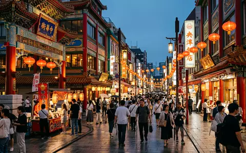 Editorialbild im Reisemagazin-Stil vom Wahrzeichen Chinatown Yokohama in Yokohama Japan, ausgewogene Bildgestaltung und natuerliches Umgebungslicht - Foto: THN