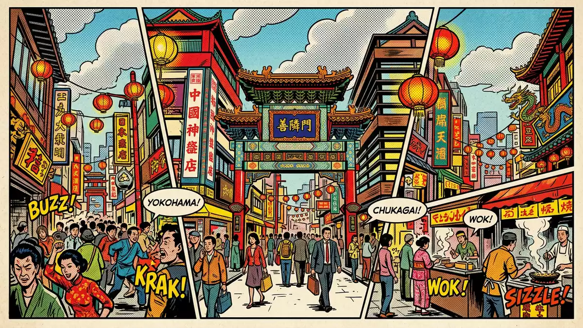 Pop-Art-Comic von Chinatown Yokohama in Yokohama, Japan mit Rasterpunkten