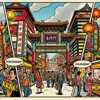 Pop-Art-Comicillustration des Wahrzeichens Chinatown Yokohama in Yokohama Japan, kraeftige Konturen Rasterpunkte und satte Farben - Foto: THN