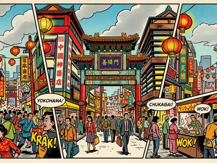 Pop-Art-Comicillustration des Wahrzeichens Chinatown Yokohama in Yokohama Japan, kraeftige Konturen Rasterpunkte und satte Farben - Foto: THN