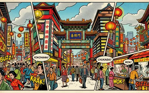 Pop-Art-Comicillustration des Wahrzeichens Chinatown Yokohama in Yokohama Japan, kraeftige Konturen Rasterpunkte und satte Farben - Foto: THN