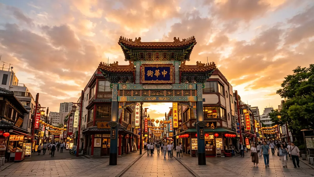 Fotorealistische Ansicht von Chinatown Yokohama in Yokohama, Japan im Abendlicht