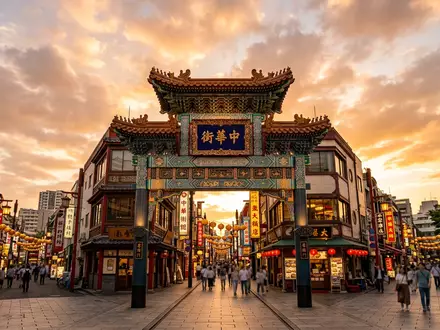 Fotorealistische Panoramaaufnahme von Chinatown Yokohama in Yokohama Japan, warmes Abendlicht auf Wahrzeichen - Foto: THN
