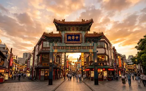 Fotorealistische Panoramaaufnahme von Chinatown Yokohama in Yokohama Japan, warmes Abendlicht auf Wahrzeichen - Foto: THN
