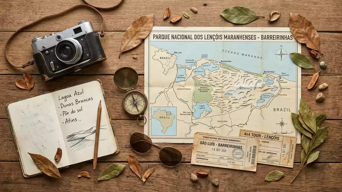 Flatlay-Reise-Arrangement rund um Lençois Maranhenses in Barreirinhas, Brasilien