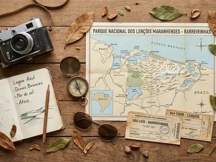 Flatlay-Reise-Arrangement rund um Lençois Maranhenses in Barreirinhas Brasilien, Karte Kompass Kamera und generische Reiserequisiten - Foto: THN