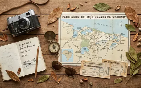 Flatlay-Reise-Arrangement rund um Lençois Maranhenses in Barreirinhas Brasilien, Karte Kompass Kamera und generische Reiserequisiten - Foto: THN