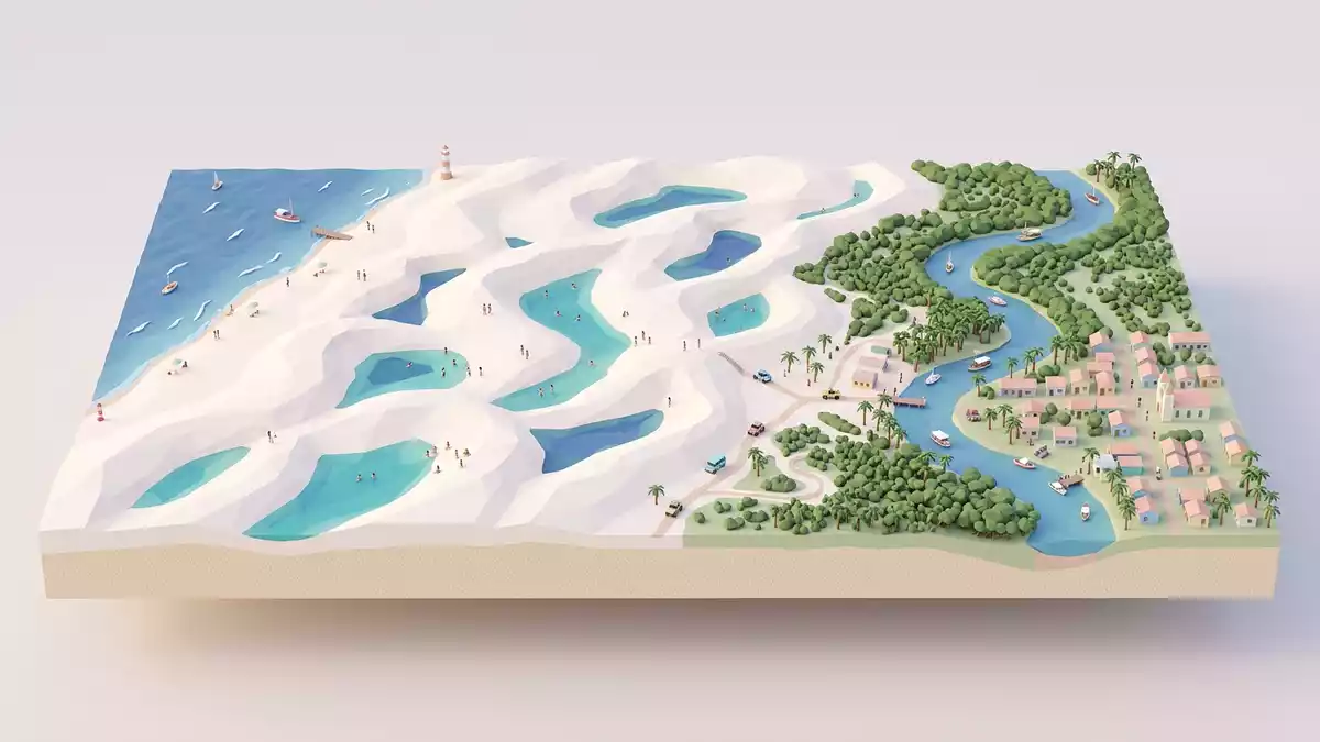 Isometrisches Diorama von Lençois Maranhenses in Barreirinhas, Brasilien in Pastell