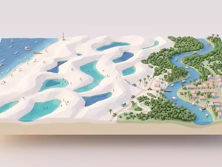 Isometrisches Diorama von Lençois Maranhenses und Umgebung in Barreirinhas Brasilien, verspielte Low-Poly-Kulisse in Pastellfarben - Foto: THN