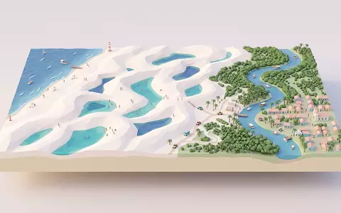 Isometrisches Diorama von Lençois Maranhenses und Umgebung in Barreirinhas Brasilien, verspielte Low-Poly-Kulisse in Pastellfarben - Foto: THN