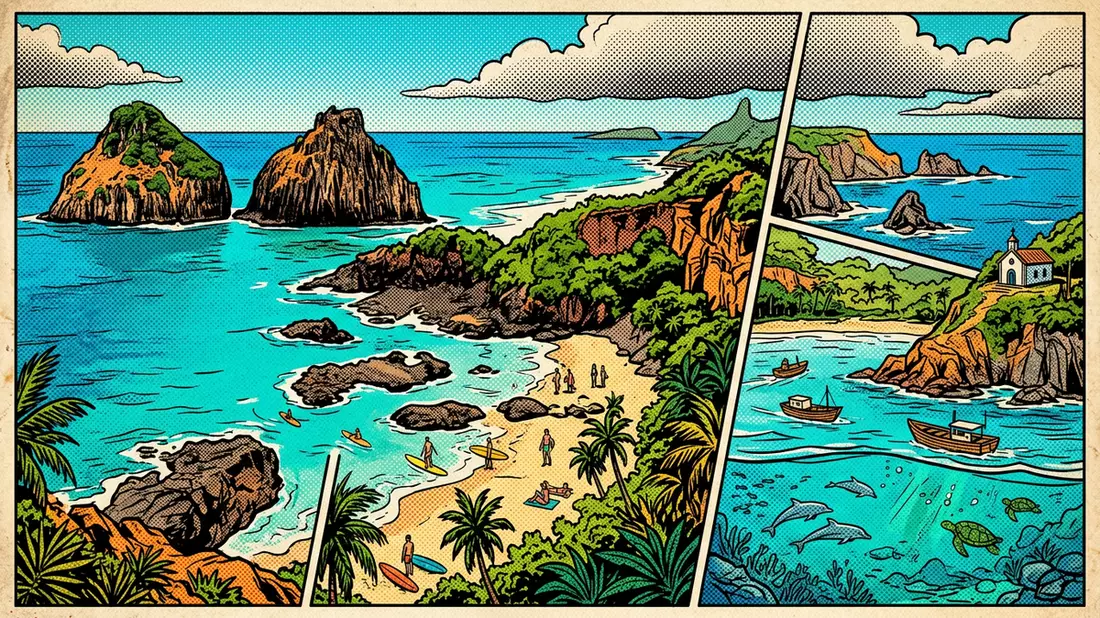 Pop-Art-Comic von Fernando de Noronha in Fernando de Noronha, Brasilien mit Rasterpunkten