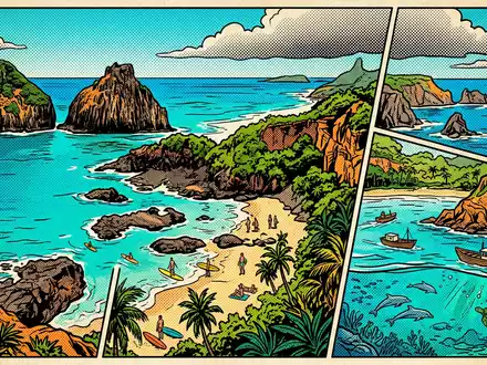 Pop-Art-Comicillustration des Wahrzeichens Fernando de Noronha in Fernando de Noronha Brasilien, kraeftige Konturen Rasterpunkte und - Foto: THN