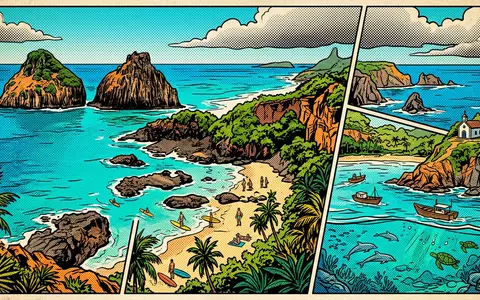 Pop-Art-Comicillustration des Wahrzeichens Fernando de Noronha in Fernando de Noronha Brasilien, kraeftige Konturen Rasterpunkte und - Foto: THN