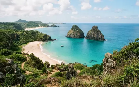 Editorialbild im Reisemagazin-Stil vom Wahrzeichen Fernando de Noronha in Fernando de Noronha Brasilien, ausgewogene Bildgestaltung - Foto: THN