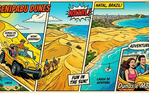 Pop-Art-Comicillustration des Wahrzeichens Dunen von Genipabu in Natal Brasilien, kraeftige Konturen Rasterpunkte und satte Farben - Foto: THN